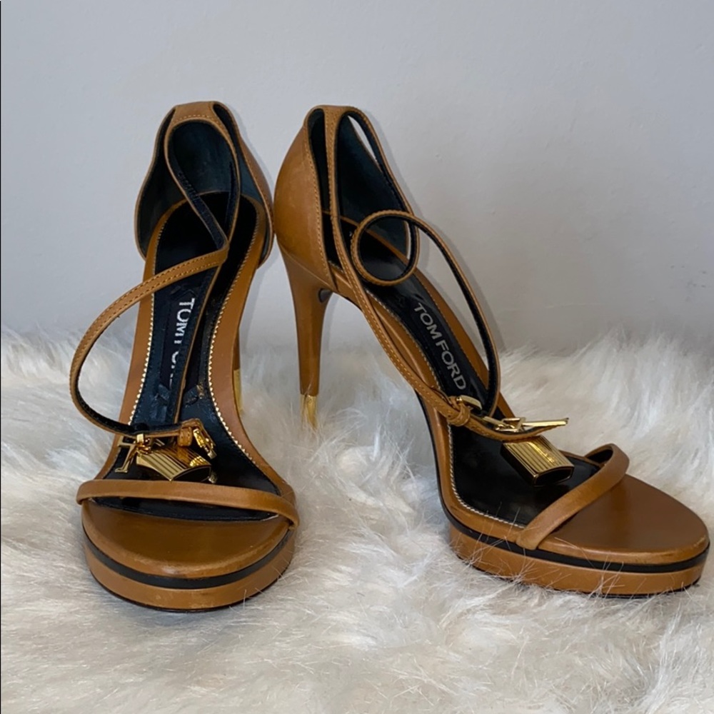 Tom Ford Tan Leather High Heel Sandals with Gold Hardware